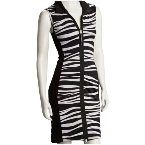 Tango Mango Sleeveless Zebra Print Full Zip Dress size Large Stretch Knit Resort - Picture 1 of 9